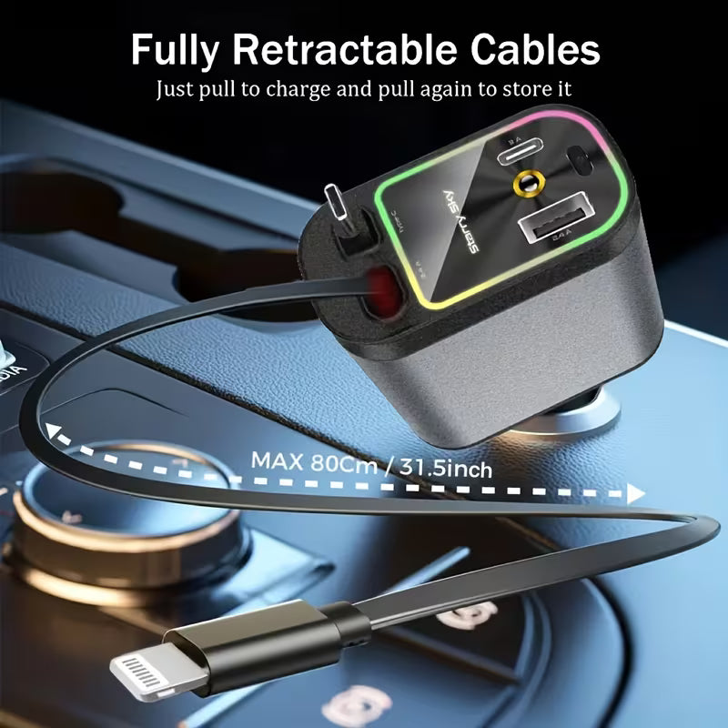 4-in-1 Starry Sky Car Charger with Ambient Projection Light | Retractable 80cm Cable, QC3.0 Fast Charging - Type C Cable's