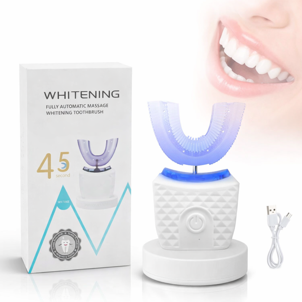 فرشاة أسنان كهربائية هانيا® بالموجات فوق الصوتية – فرشاة أسنان على شكل حرف U للبالغين مع 3 أوضاع تنظيف، مُسرِّع لتبييض الأسنان، قابلة لإعادة الشحن عبر USB