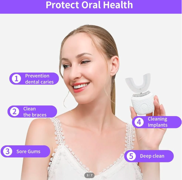 فرشاة أسنان كهربائية هانيا® بالموجات فوق الصوتية – فرشاة أسنان على شكل حرف U للبالغين مع 3 أوضاع تنظيف، مُسرِّع لتبييض الأسنان، قابلة لإعادة الشحن عبر USB