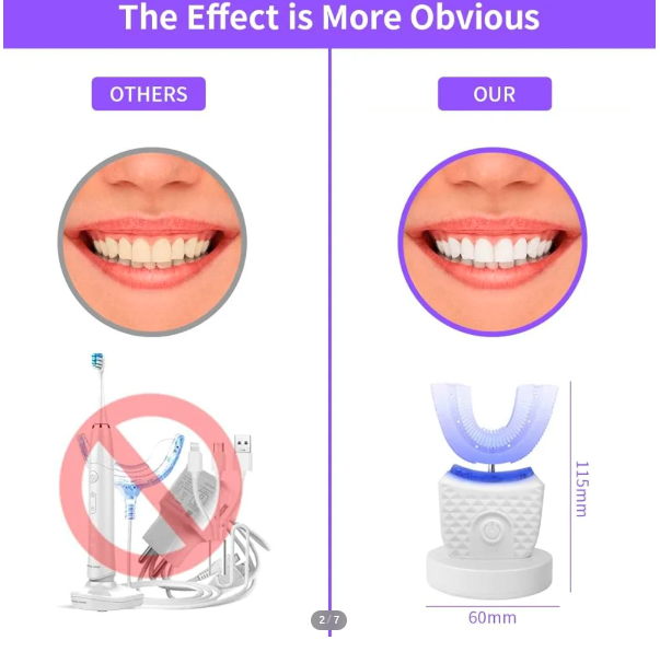 فرشاة أسنان كهربائية هانيا® بالموجات فوق الصوتية – فرشاة أسنان على شكل حرف U للبالغين مع 3 أوضاع تنظيف، مُسرِّع لتبييض الأسنان، قابلة لإعادة الشحن عبر USB