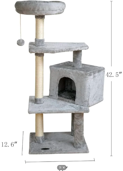 شجرة قطط FISH&NAP US10H، برج قطط، بيت قطط، أعمدة خدش من السيزال مع منصة قفز، أثاث قطط، مركز أنشطة، بيت لعب، رمادي